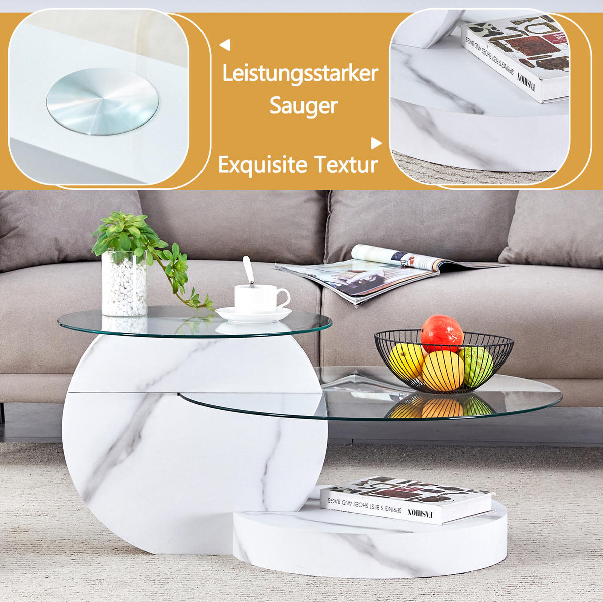 COUCHTISCH 90/70/44 cm mit Sicherheitsglas und mehrstufigen Ablagen, Transparent/Weiß - Weiß, Holzwerkstoff (90/70/44cm) - Redom