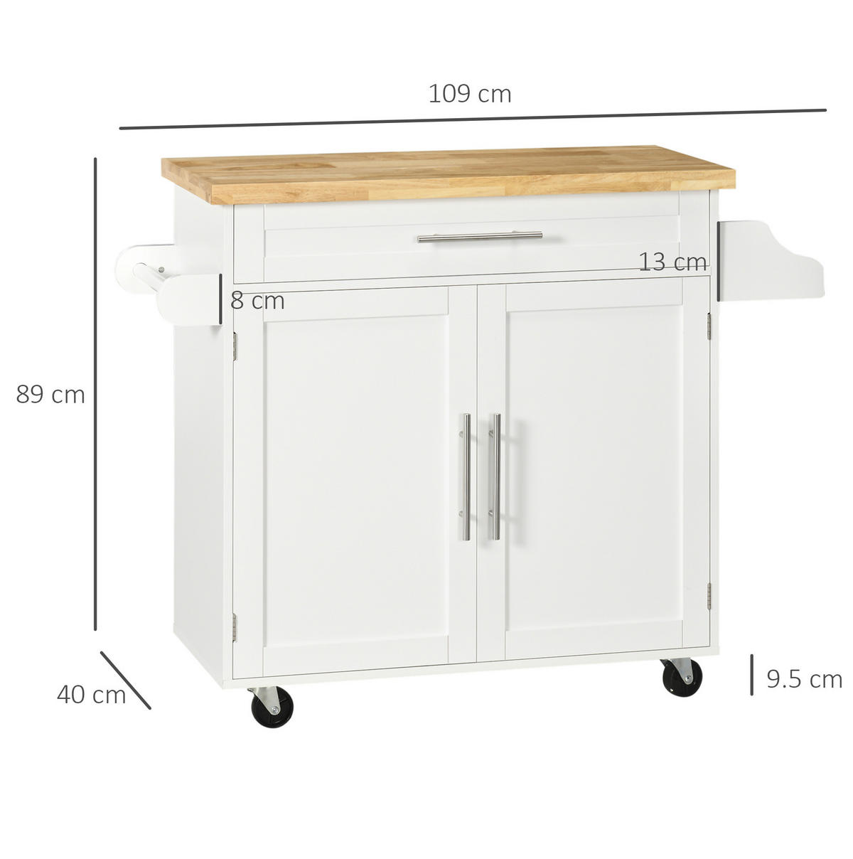 KÜCHENWAGEN 109/40/89 cm in Weiß mit Schublade, Schrank und Rollen - Weiß, Holzwerkstoff (109/89/40cm) - Flora Grace