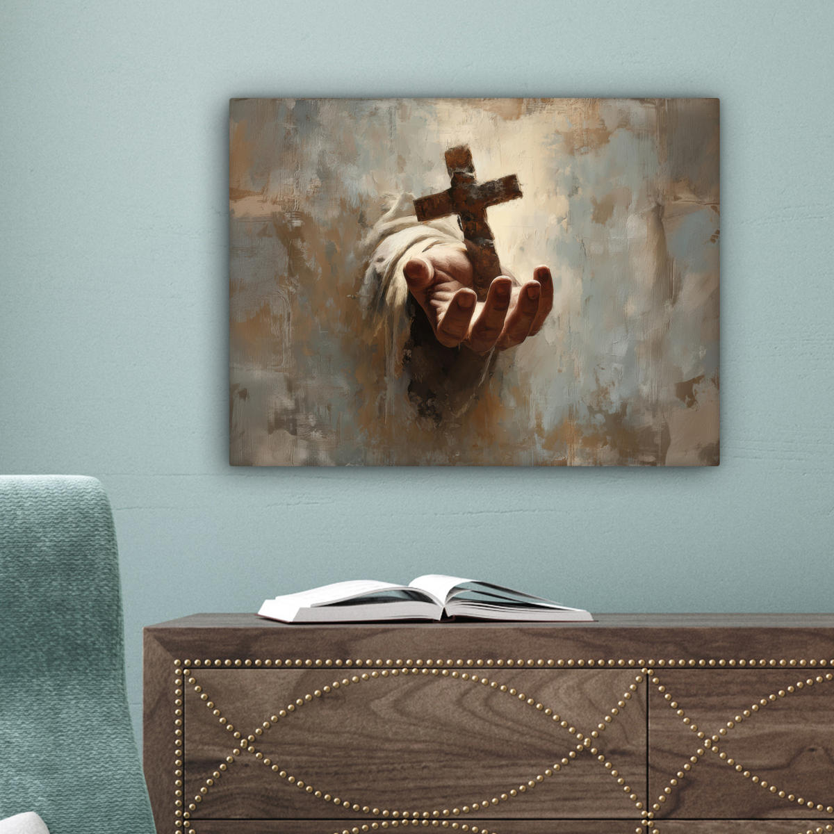 LEINWANDBILD Abstrakt - Kreuz - Hand - Christentum Wandbild 40x30 cm - Hellbraun, Textil (40/30cm) - MuchoWow