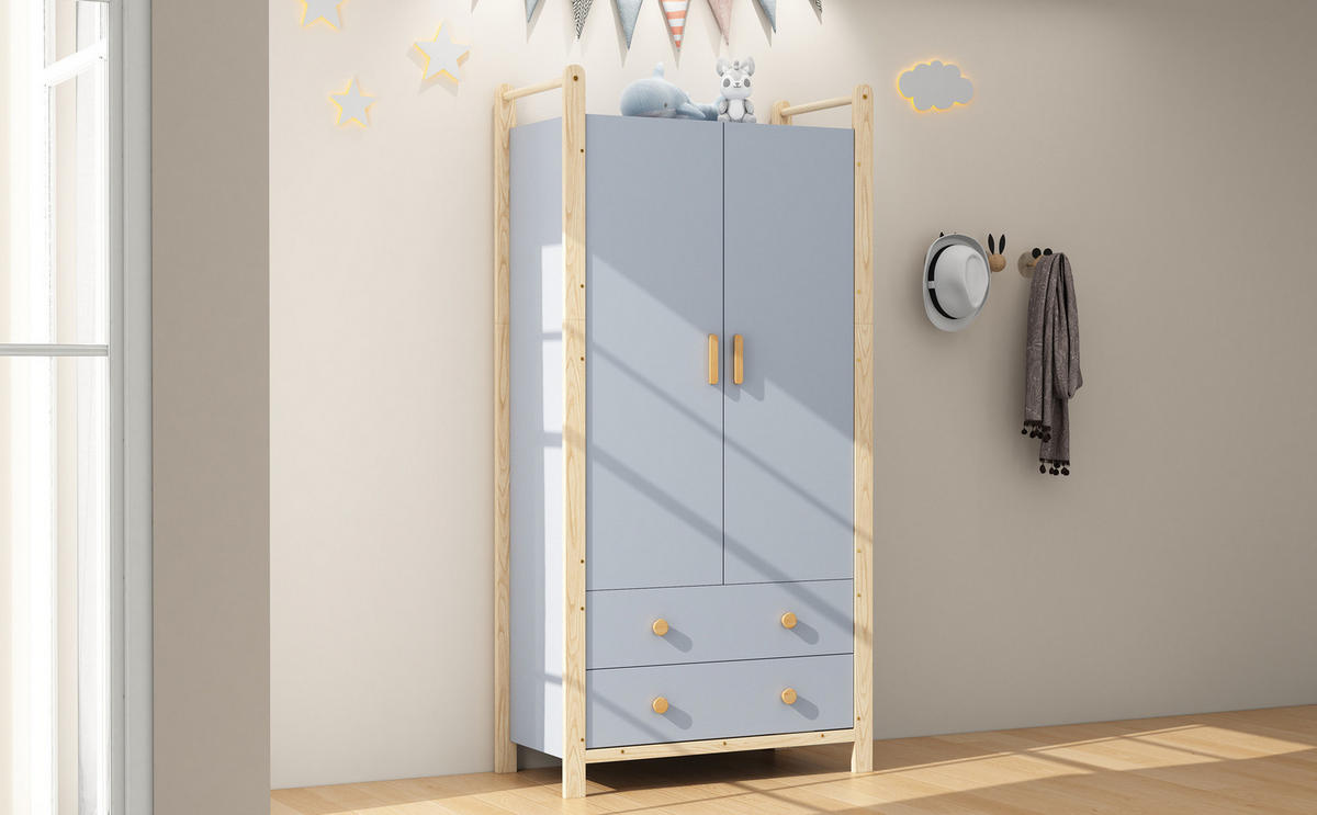 KLEIDERSCHRANK 89,6/180,5/44 cm Blau aus Holzwerkstoff und Massivholz mit 2 Schubladen - Blau, Holzwerkstoff (45/180/90cm) - OKMYHOME