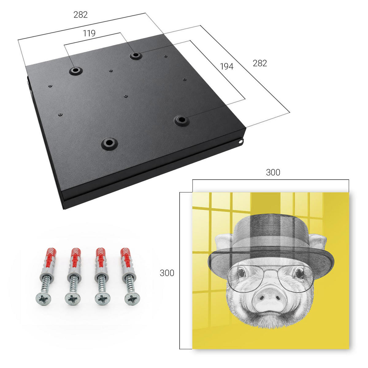 SCHLÜSSELBOX Schwarz 30x30 cm- Türöffnung nach rechts - Glückliches kleines Schweinchen - Gelb, Metall (30/30/5cm) - TULUP