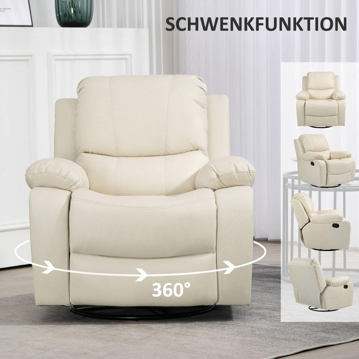 RELAXSESSEL in Cremeweiß 100x93x98 cm mit Liege-, Schaukel- und Drehfunktion - Creme, Textil (93/98/100cm) - IVMEU