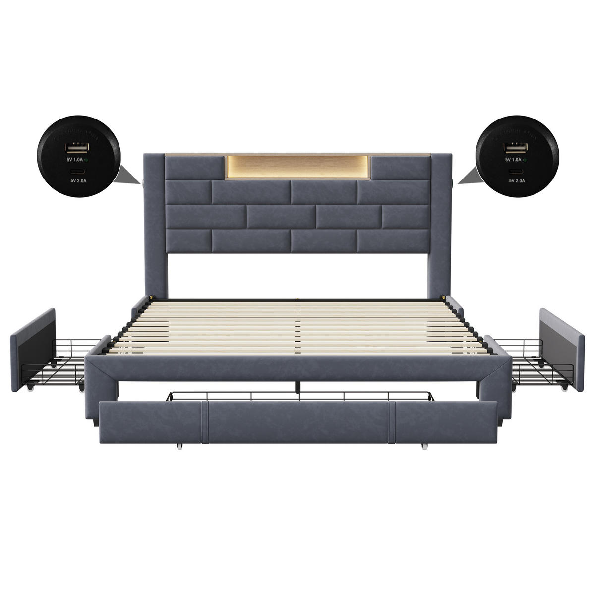 POLSTERBETT 160x200 cm, Grau, mit 3 Schubladen, LED & USB - Grau, Textil/Metall (160/200cm)
