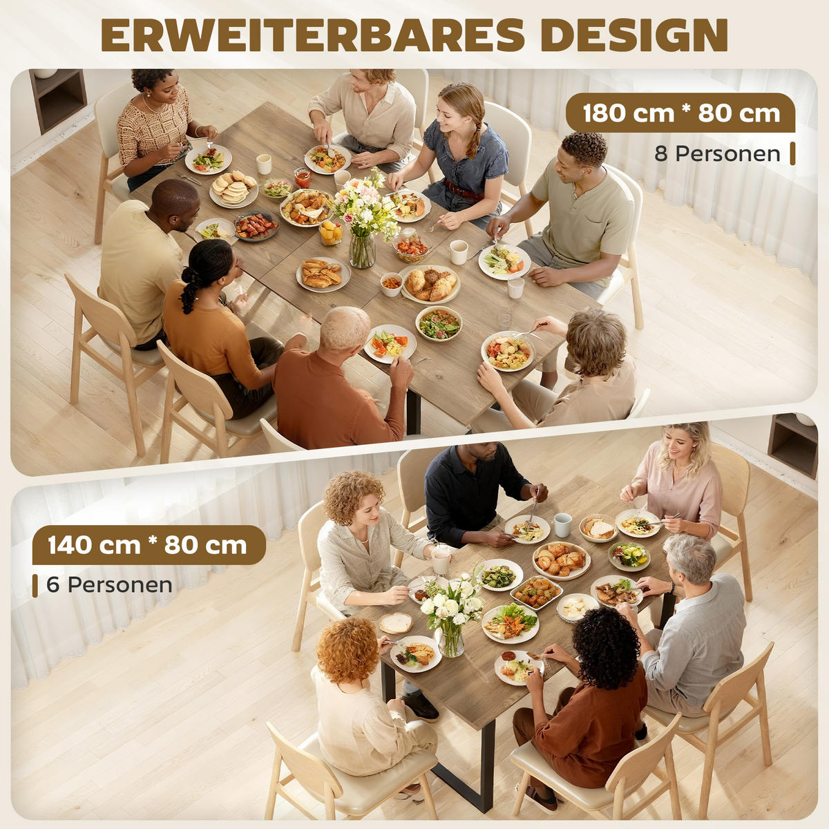 ESSTISCH ausziehbar 140/180 x 80 cm Esszimmertisch für 6-8 Personen, Natur - Schwarz/Naturfarben, Holzwerkstoff/Metall (180/80/75cm) - HOMCOM