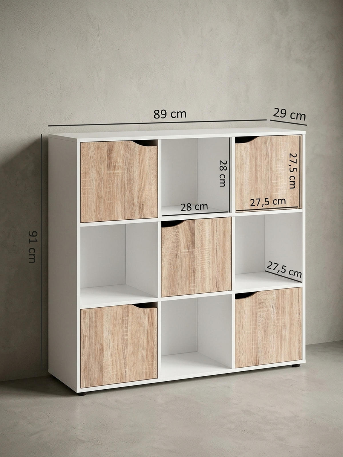 REGAL – Weiß/Sonoma, 89x91x29 cm, 9 Fächer, für Bücher und Deko - Schwarz/Weiß, Holz (89/91/29cm) - KADIMA DESIGN