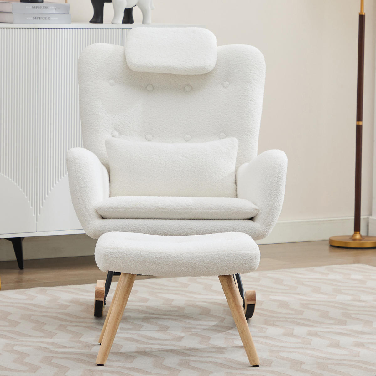 SCHAUKELSTUHL Teddy-Samt mit Hocker und Taschenablage 73/92/102 cm Weiß - Weiß, Holz/Textil (92/102/73cm) - Redom