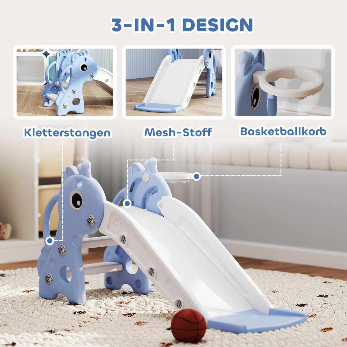 KINDERRUTSCHE, 3 in 1, Kleinkinderrutsche mit Basketballkorb, Basketball, Blau - Blau, Kunststoff (51.5/52/106cm) - AIYAPLAY
