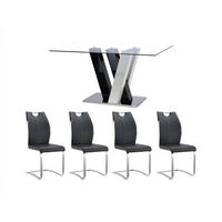 ESSTISCH + 4 Stühle im Set - Schwarz & Weiß - WINCH - Schwarz, Glas (90/76/150cm) - Vente-Unique