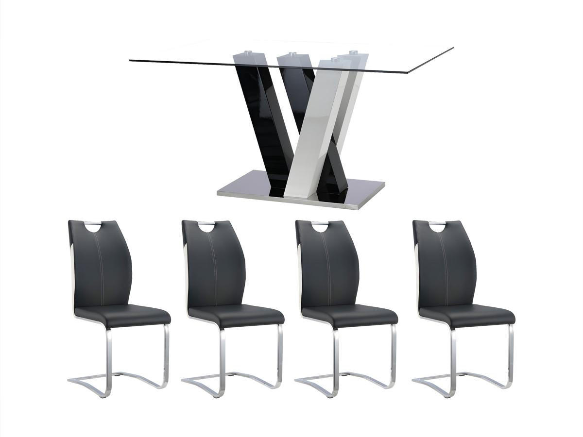 ESSTISCH + 4 Stühle im Set - Schwarz & Weiß - WINCH - Schwarz, Glas (90/76/150cm) - Vente-Unique