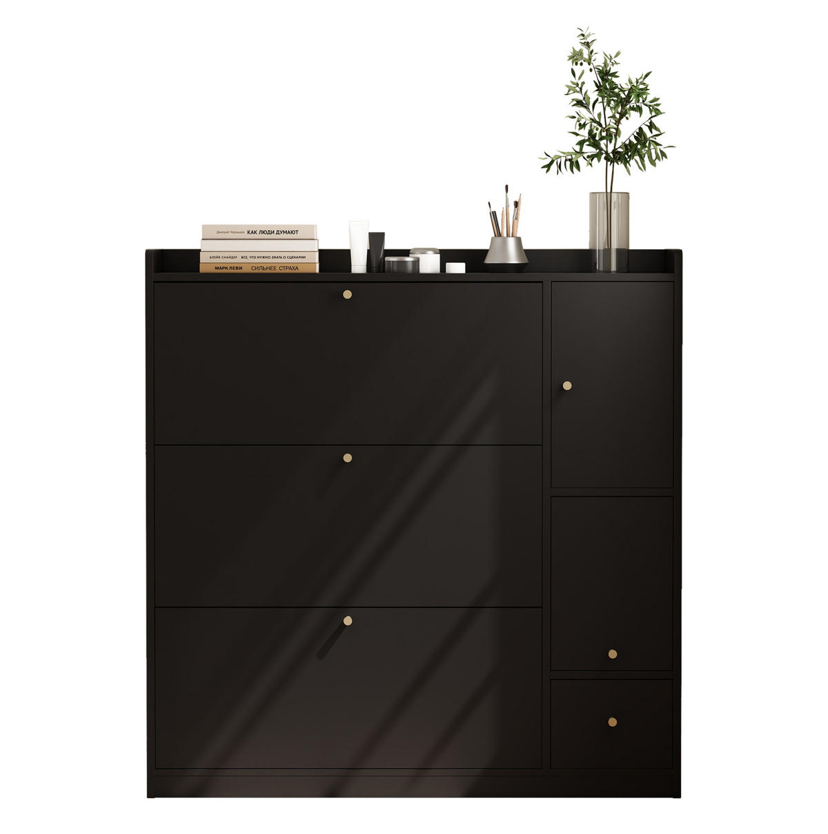 SCHUHSCHRANK mit Klappen 119/24/122 cm in Schwarz mit Sitzbank und Schublade - Schwarz, Holzwerkstoff (119/122/24cm) - BEAOK