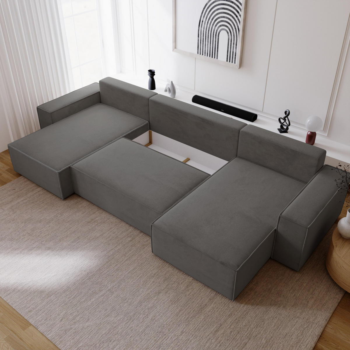 ECKSOFA 380 cm Bergamo U mit Bettkasten, Samt, Dunkelgrau - Dunkelgrau, Holz (377/189cm) - Emporius
