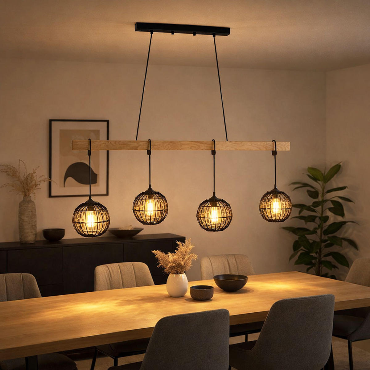LED HÄNGELEUCHTE Metall Schwarz Holz 4 Flammig - Schwarz, Holz (100/20/140cm) - Globo Lighting