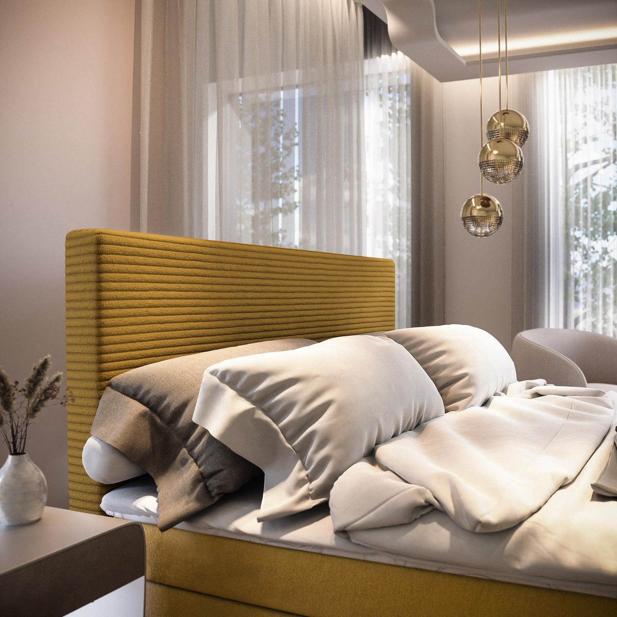 BOXBETT GIARRO 160x200 cm mit Matratze und Topper - Gelb - Gelb, Holz (160/200cm) - MASSENO