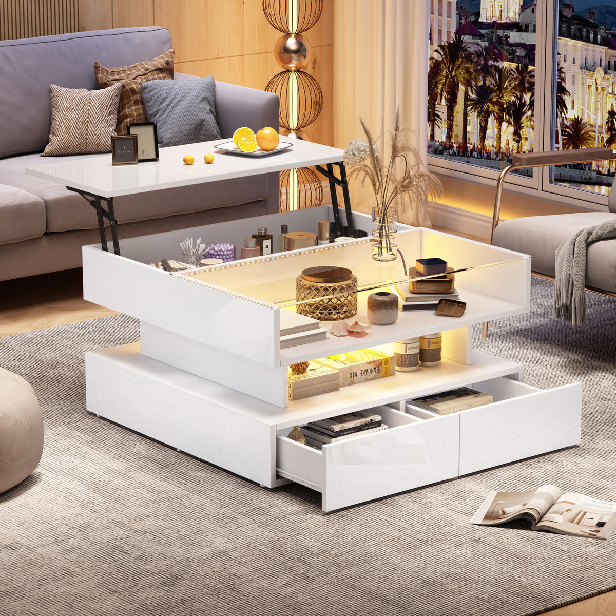 COUCHTISCH Couchtisch mit Hebefunktion und LED App Steuerung, Schubladen und Glasablage MDF Weiß - Weiß, Glas/Holzwerkstoff (80/80/45cm) - EVRYAE