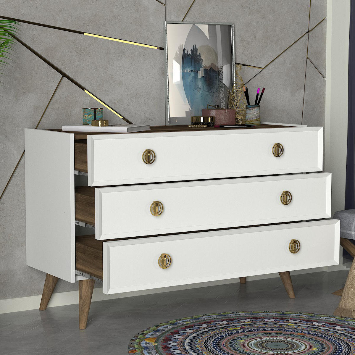 KOMMODE Nadya Weiß Walnuss - Goldfarben/Walnussfarben, Holzwerkstoff/Kunststoff (120.4/80.3/36cm) - moebel17