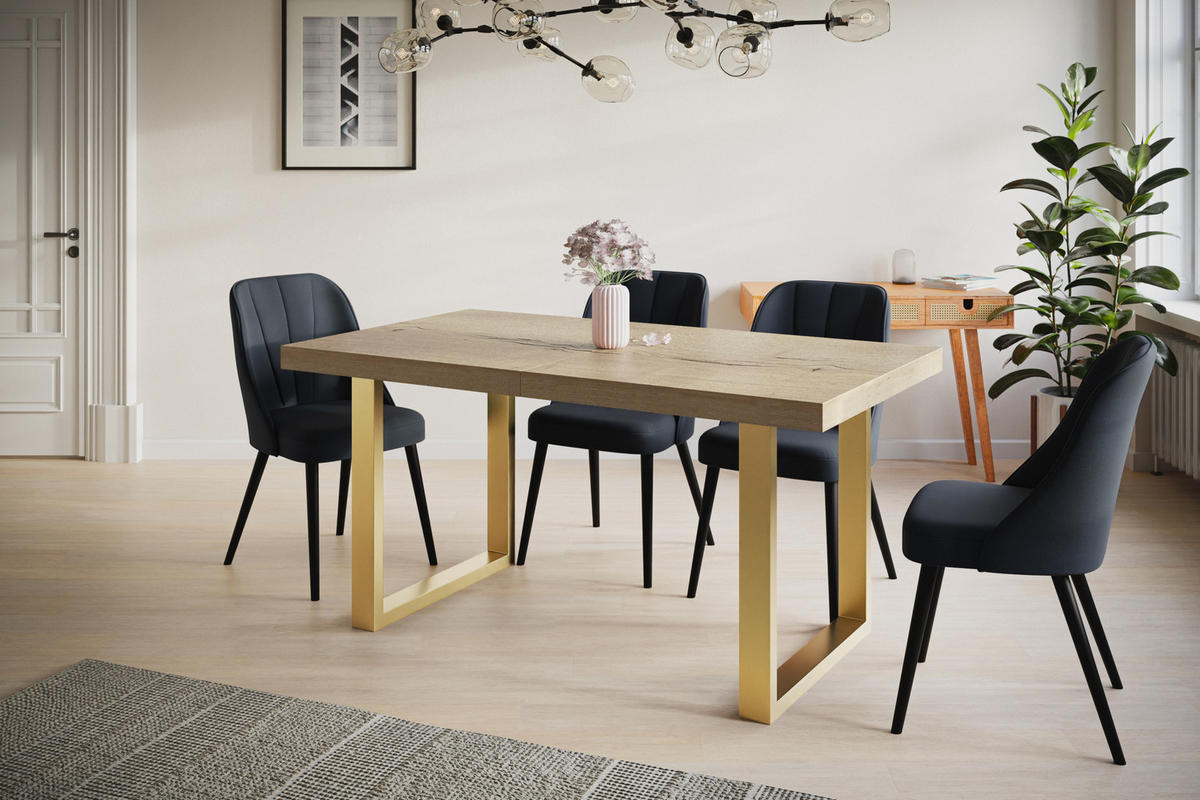 ESSZIMMERTISCH LOFT-U 140X80X77 cm, Farbe: HALIFAX, mit Metallbeinen in Farbe Gold - Goldfarben/Naturfarben, Holzwerkstoff (140/80/77cm) - Alpi-Möbel