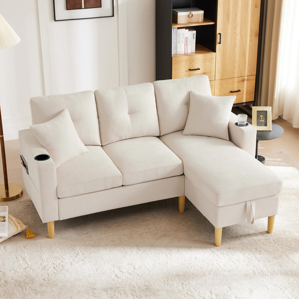 SOFA mit Chaiselongue und Stauraum 175 x 129 cm Beige 2 Kissen - Beige, Holz (129/175cm) - Meubliv