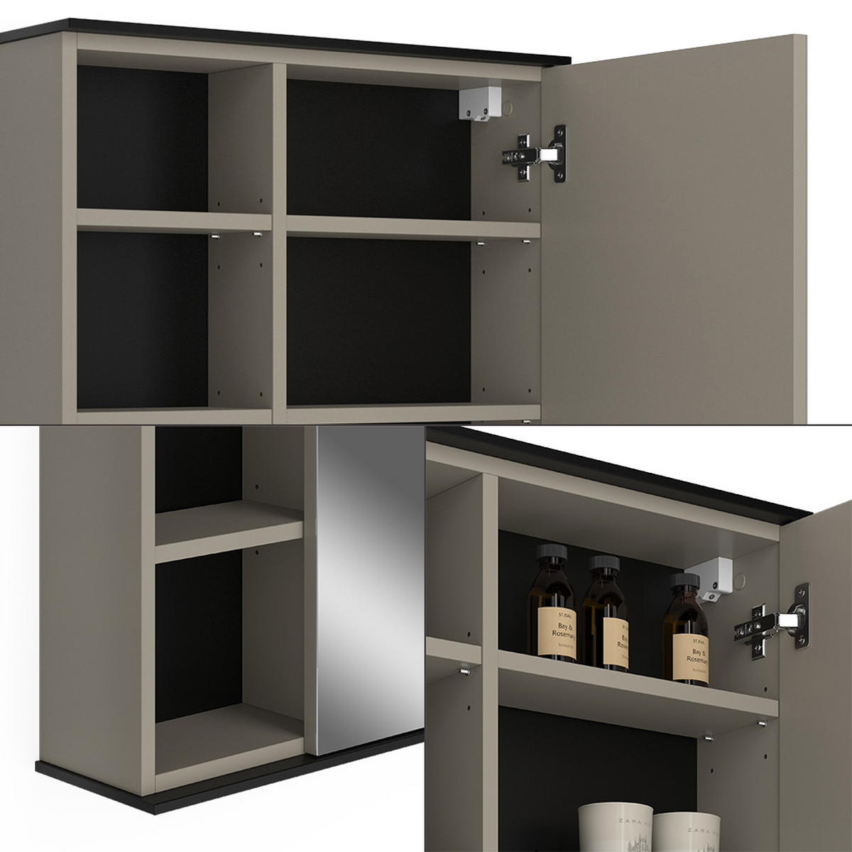 BADSPIEGELSCHRANK Joli Greige 60 x 60 cm mit Spiegel - Greige/Schwarz, Holzwerkstoff (60/60/17.4cm) - Vicco