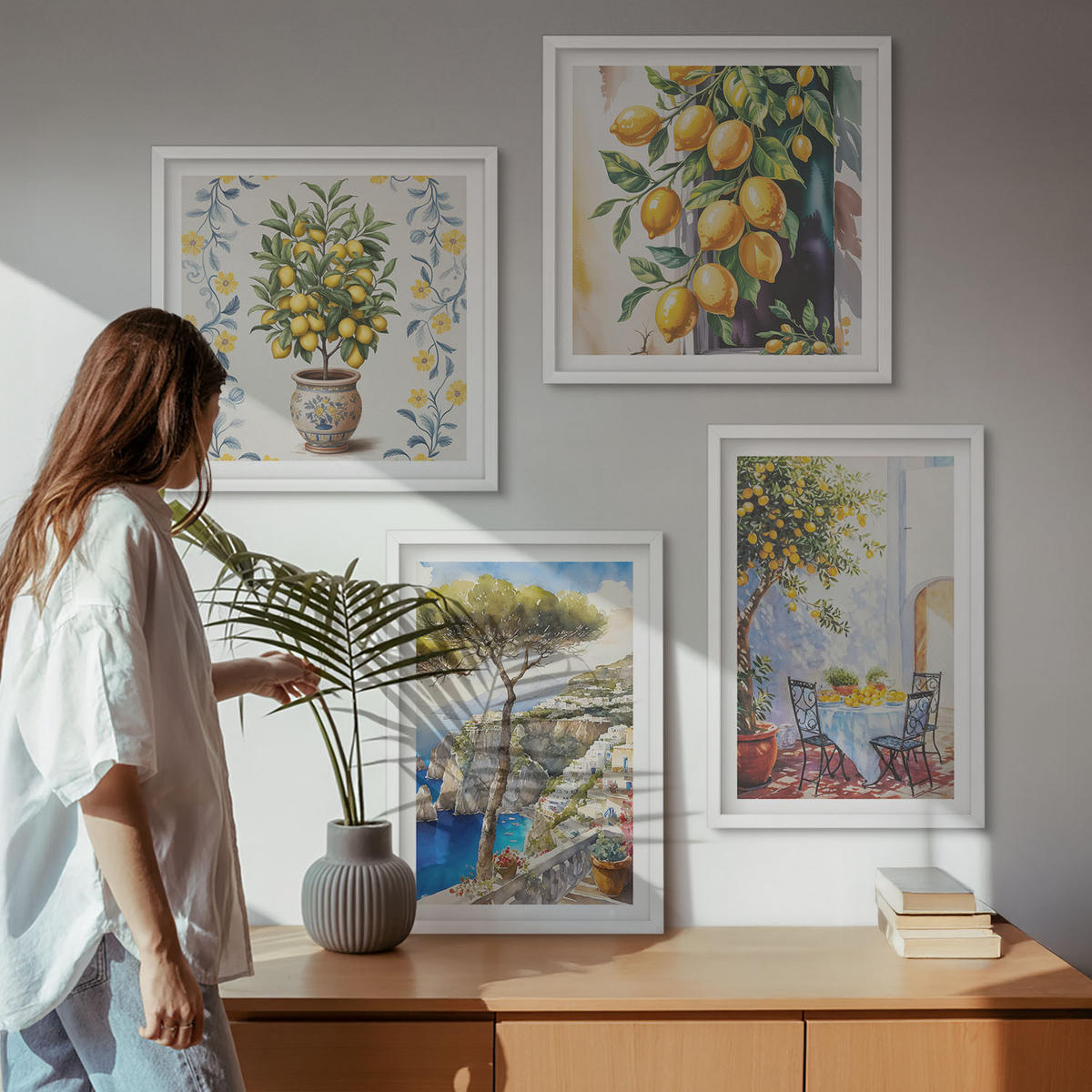 WANDBILDER 4er-Set - 50x50 cm & 40x60 cm Weißer Rahmen - Zitronenbäume am Meer - Weiß, Kunststoff (50/50cm) - ArtPrintCave
