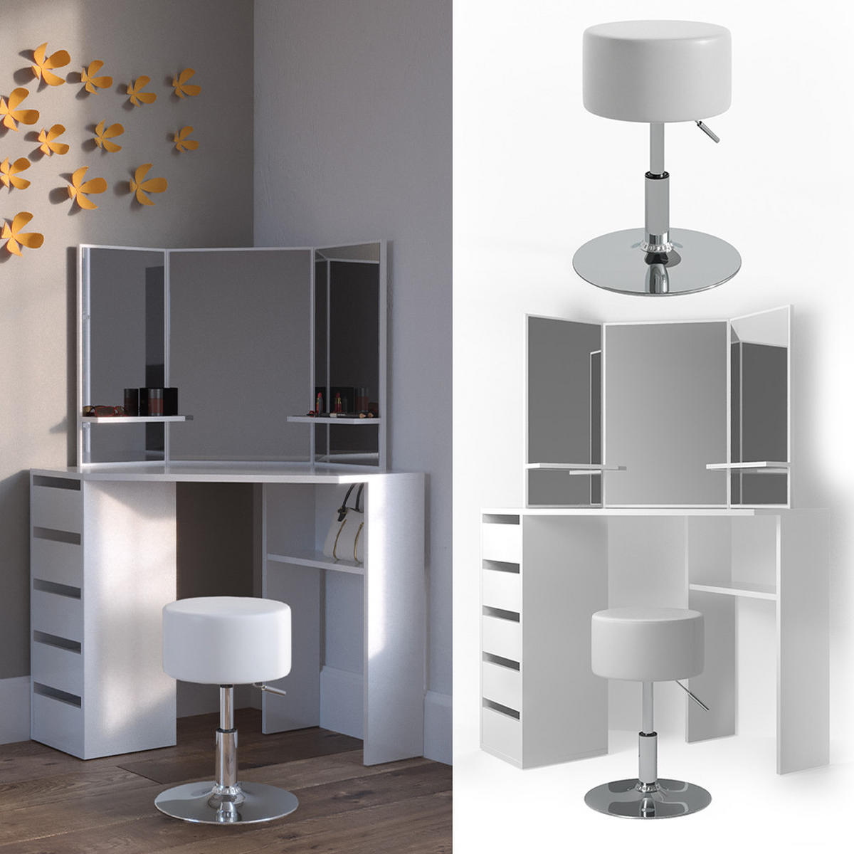 ECKSCHMINKTISCH Arielle Weiß 110 cm mit Hocker - Weiß, Holzwerkstoff (110/141.5/54cm) - Vicco