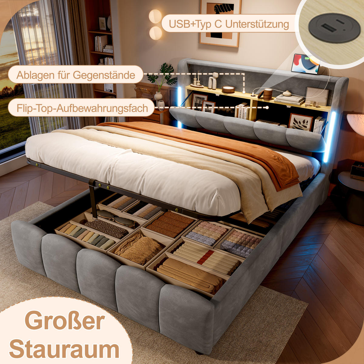 POLSTERBETT 140x200cm Grau Samt LED-Licht Kopfteil Hydraulik USB-C - Grau, Holz (140/200cm) - FLIEKS