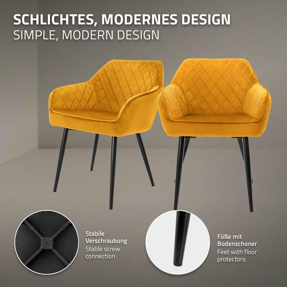 ESSZIMMERSTUHL 6er Set Senfgelb Samt - Gelb/Schwarz, Textil/Metall (63/80/60cm) - ML-DESIGN