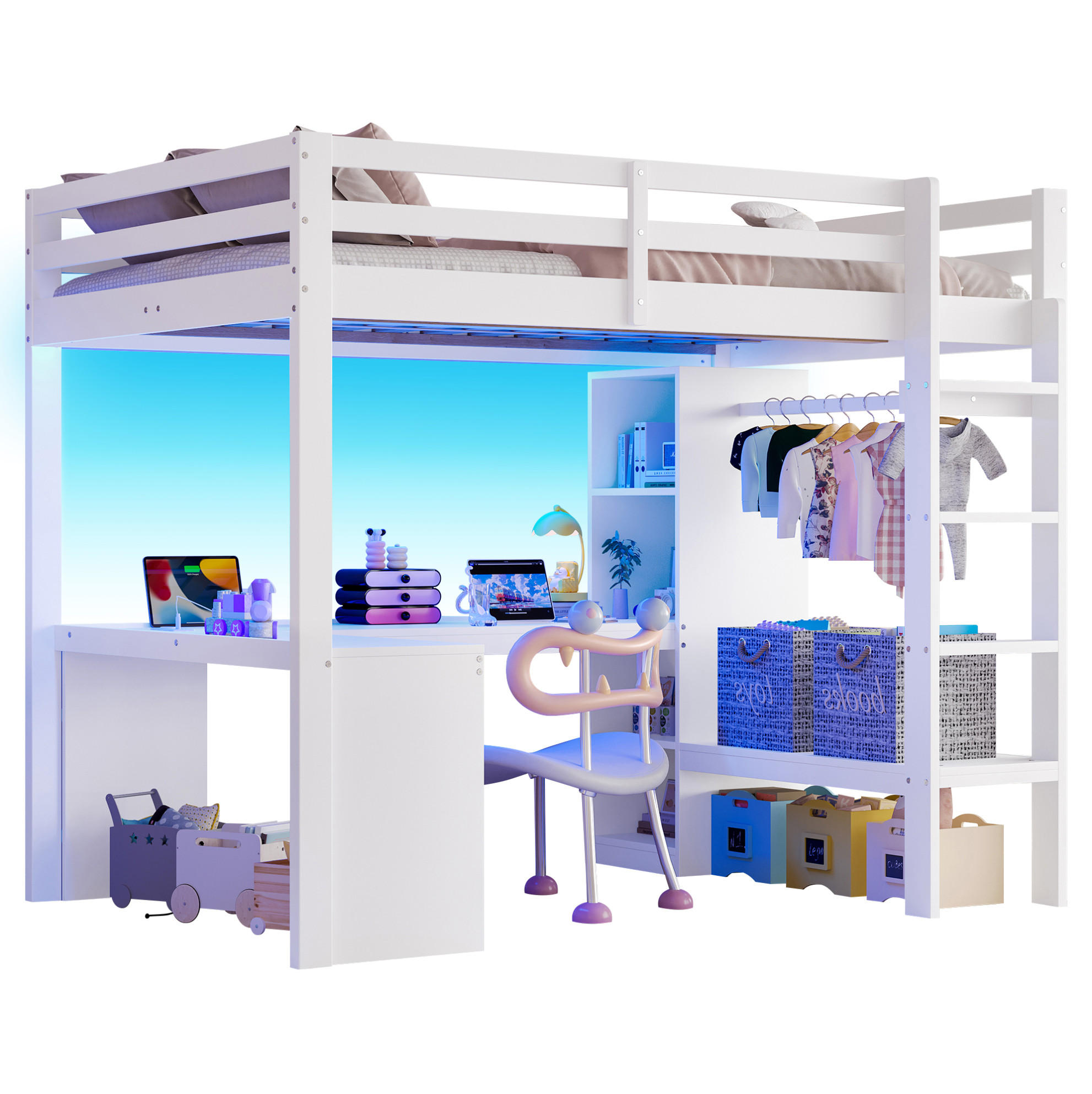 HOCHBETT 140/200 cm, Weiß mit Schreibtisch, LED, USB und Stauraum - Weiß, Holz (140/200cm) - MIVRAY