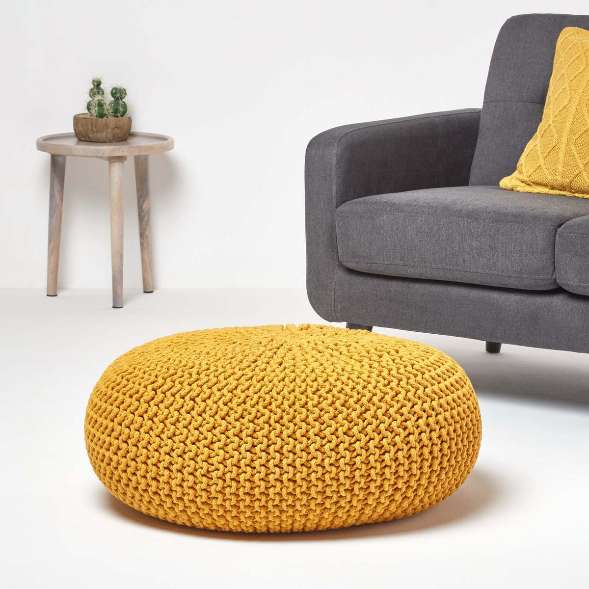 STRICK-POUF senfgelb, Bodenkissen rund 70/70/23 cm - Currygelb, Textil (70/23/70cm) - Homescapes