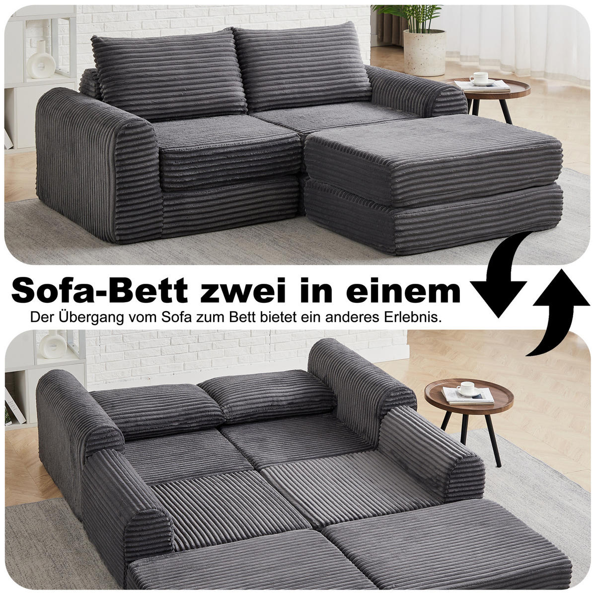 SCHLAFSOFA, Cord mit modularem Aufbau & abnehmbarer Fußstütze, 243/194/53 cm, Grau - Grau, Textil (243/53/194cm) - Redom