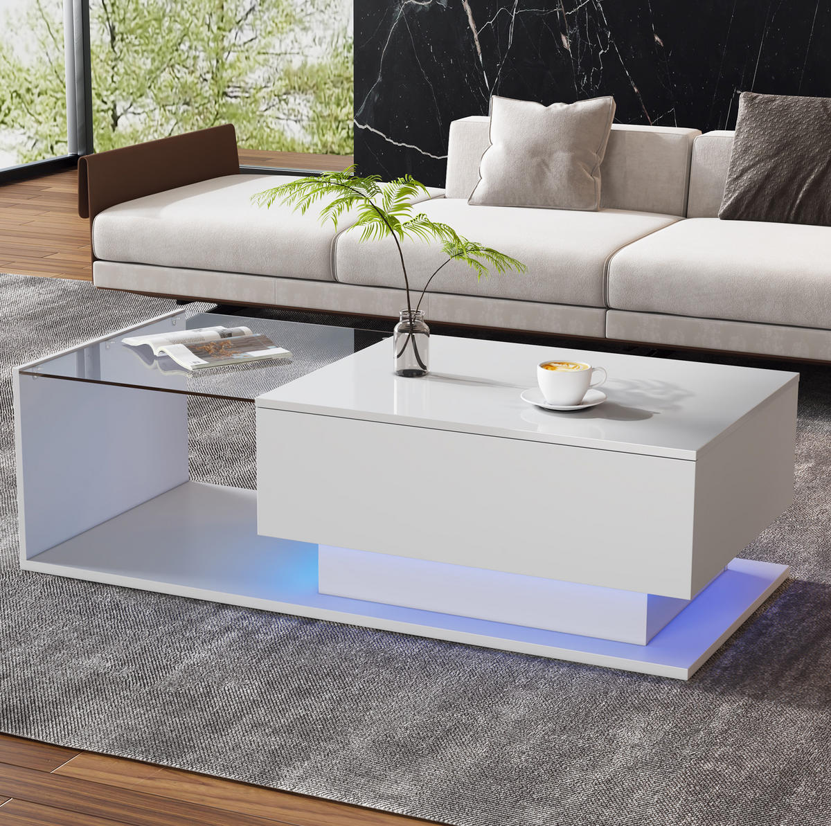 COUCHTISCH 100/50/32 cm in Weiß aus Spanplatte mit Schublade und LED-Beleuchtung - Weiß, Holzwerkstoff (100/50/32cm) - OKMYHOME