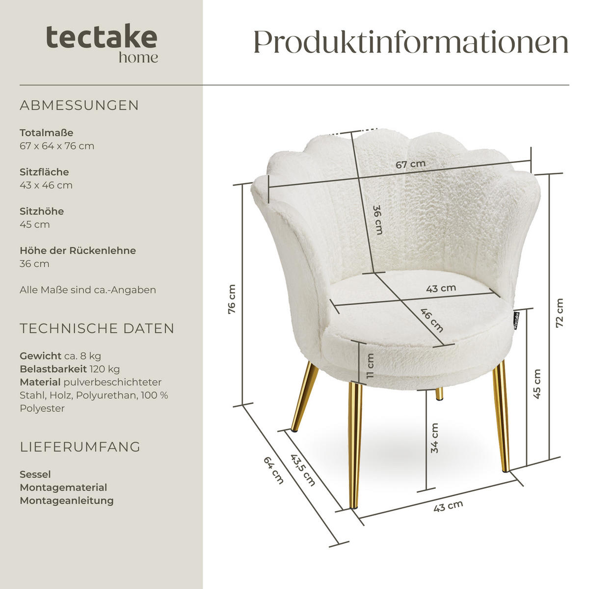 SESSEL Stella,67 x 64 x 76 cm,Kunstfell creme/gold - Goldfarben/Creme, Textil (67/76/64cm) - tectake