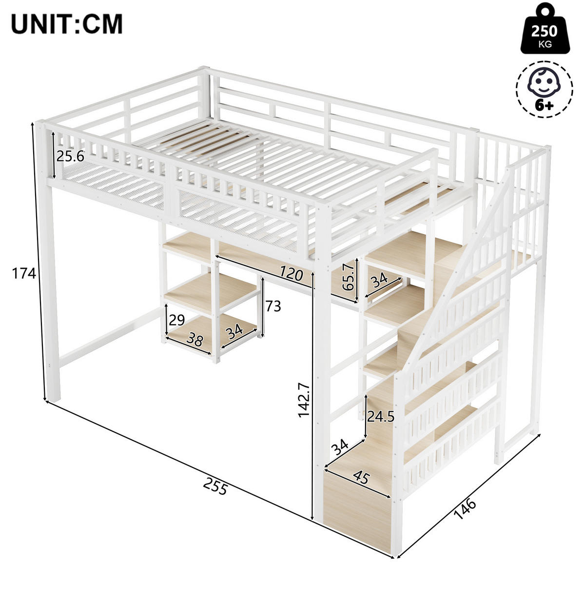 HOCHBETT 140/200 cm mit Schreibtisch, LED-Lichtleiste, USB-Anschluss, Stauraumleiter und Ablagen, Metall/MDF, Weiß - Weiß, Metall (140/200cm) - Redom