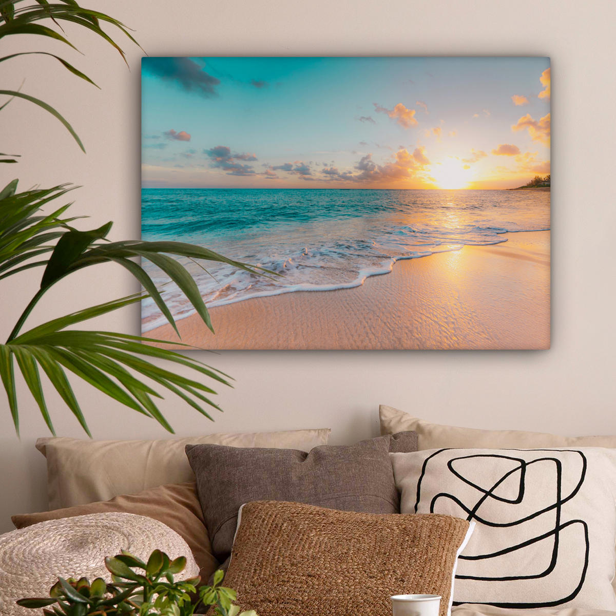 LEINWANDBILD - Sonnenuntergang - Strand - Meer - Sommer - Blau - 80x60 - Malerei - Multicolor, Textil (80/60cm) - MuchoWow