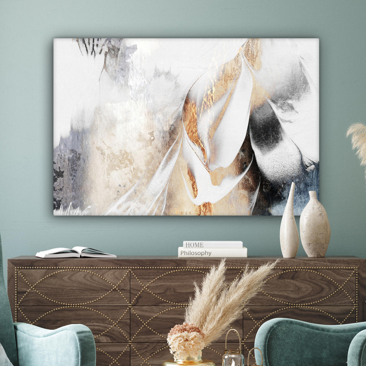 LEINWANDBILD Luxus - Abstrakt - Gold - Weiß Groß 140x90 cm - Goldfarben, Textil (140/90cm) - MuchoWow