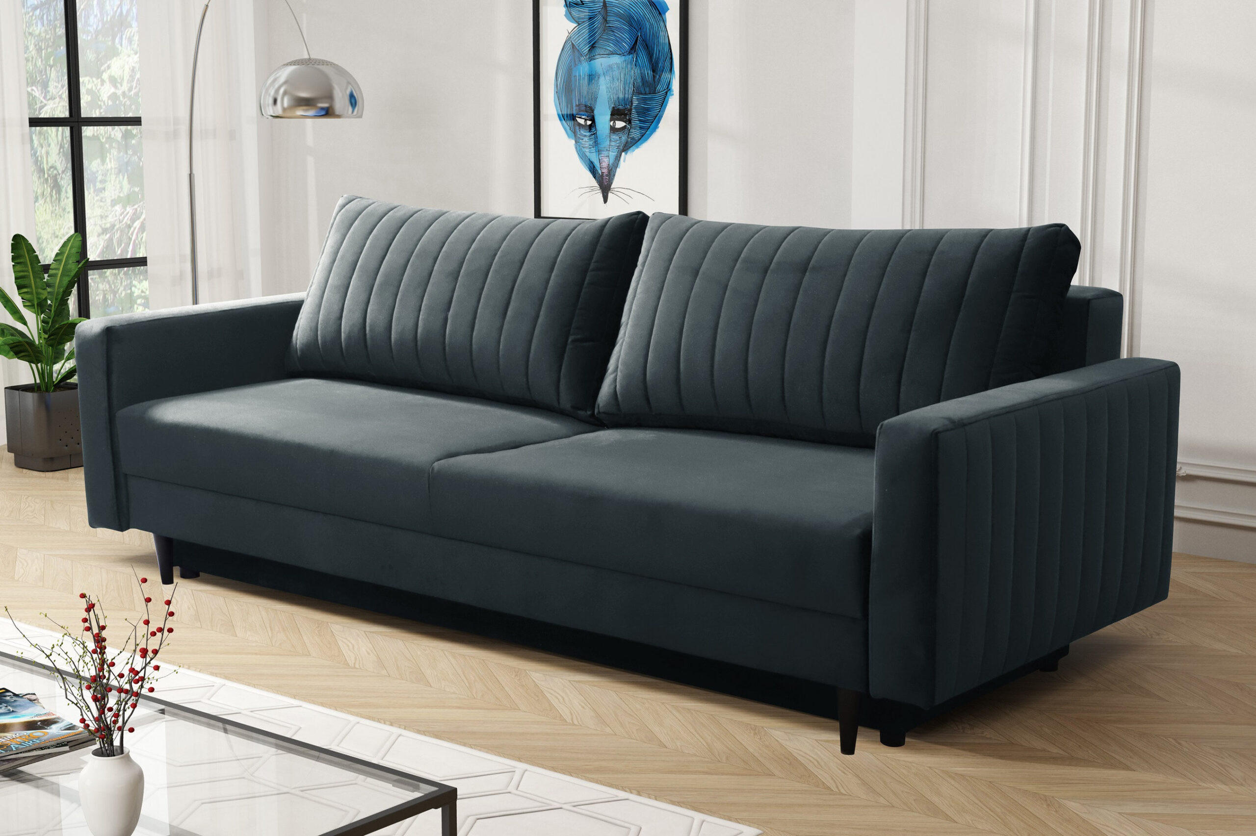 SCHLAFSOFA PALMO, Sofa mit Schlaffunktion und Bettkasten, Farbe: Dunkelgrau, Velourstoff - Dunkelgrau, Textil (220/86/94cm) - Sepro Meble