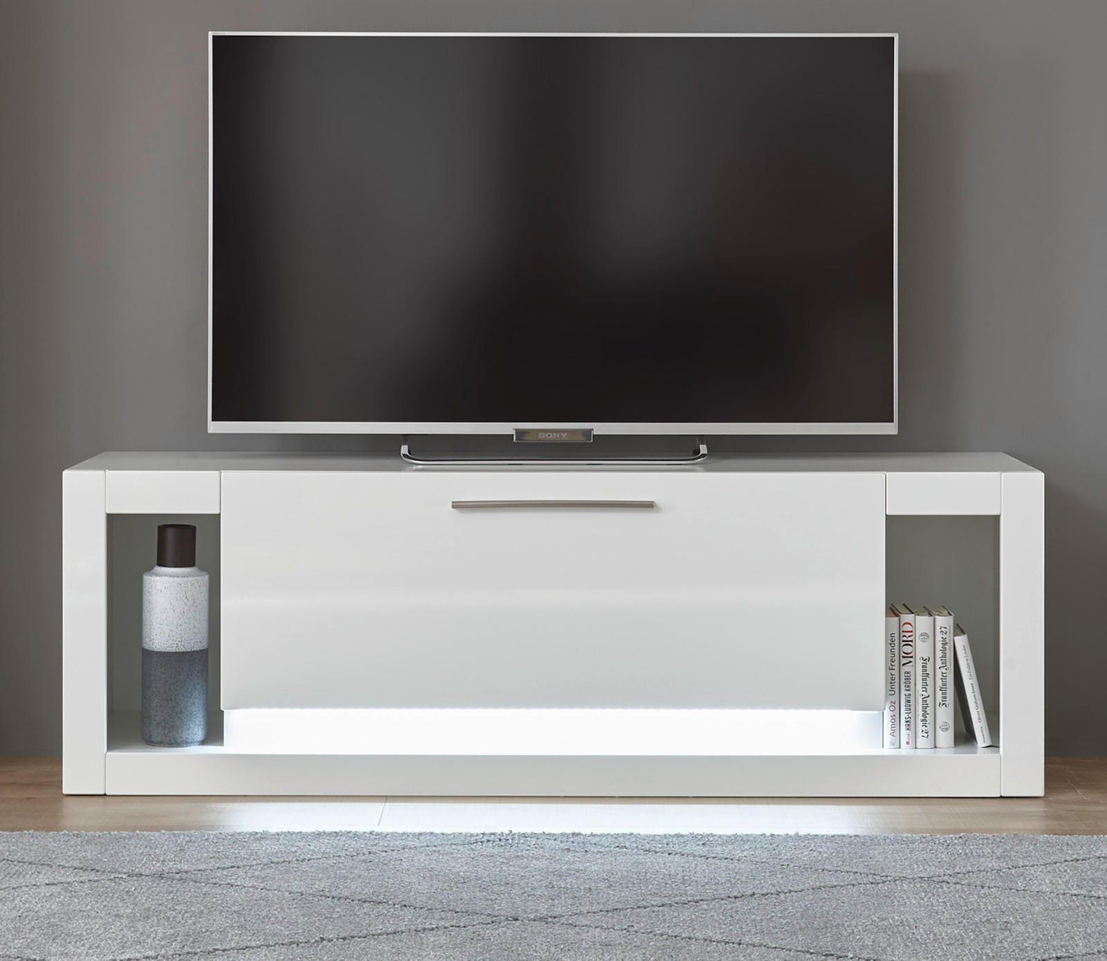 TV-LOWBOARD weiß Hochglanz 150 cm, TV-Unterteil mit 6 Fächern - Weiß Hochglanz/Silberfarben, Holzwerkstoff/Kunststoff (150/49/43cm) - Furn.Design