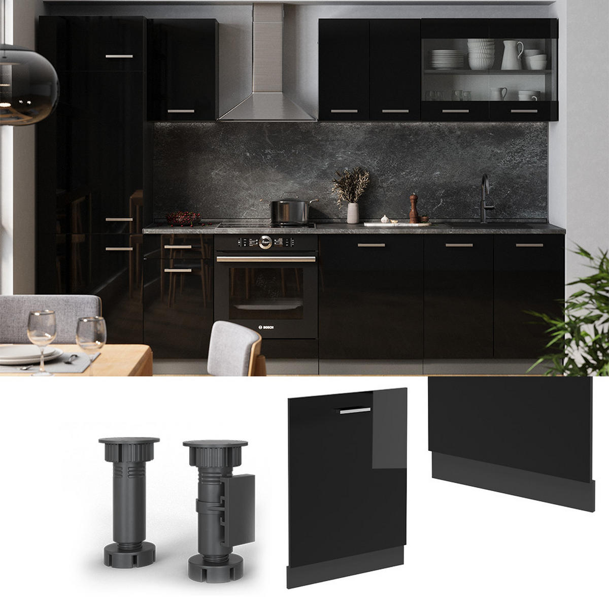 GESCHIRRSPÜLBLENDE R-Line Schwarz Hochglanz 60 cm ohne Arbeitsplatte - Schwarz Hochglanz/Anthrazit, Holzwerkstoff (60/81.8/1.6cm) - Vicco