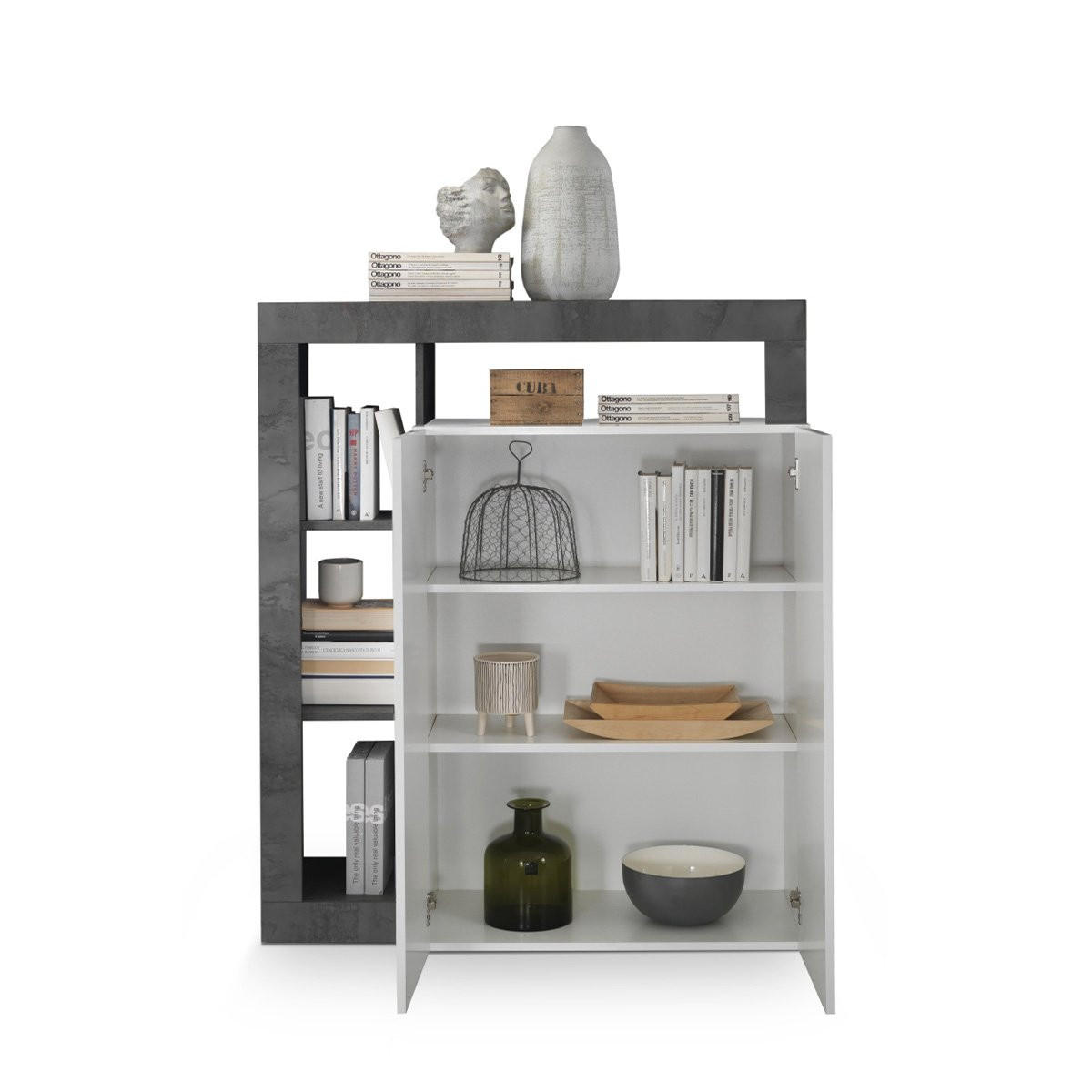 HIGHBOARD mit 2 Türen Frankfurt - L108 cm - Weiß/Grau, Holzwerkstoff (108/127/42cm) - Calicosy