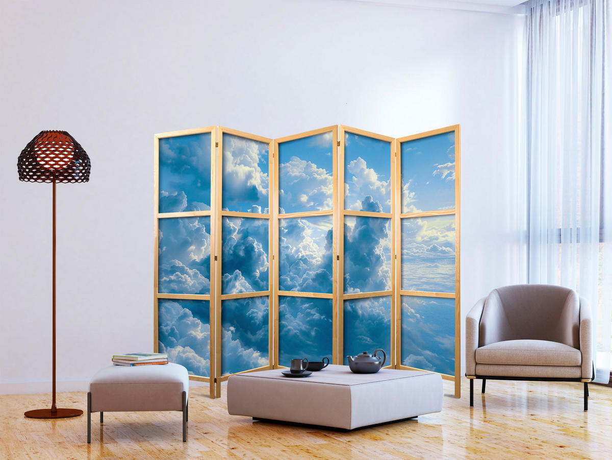 PARAVENT Japanischer 5-tlg 225x172 cm Wolken 3D - Blau, Holz/Textil (225/172/3cm) - Muralo