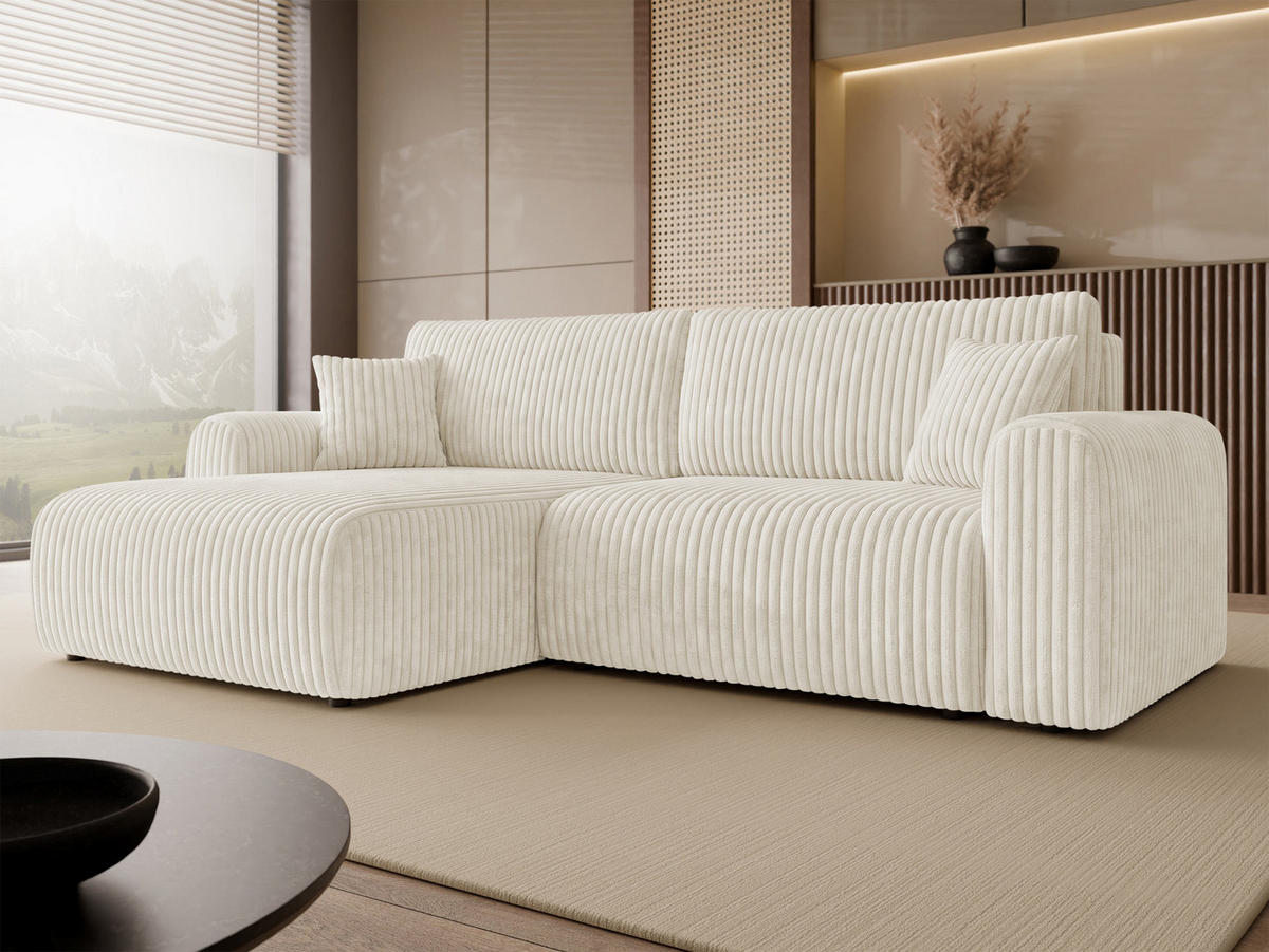 ECKSCHLAFSOFA Floryn L Cord Bis - Creme/Schwarz, Holz/Kunststoff (245/145cm) - MIRJAN24