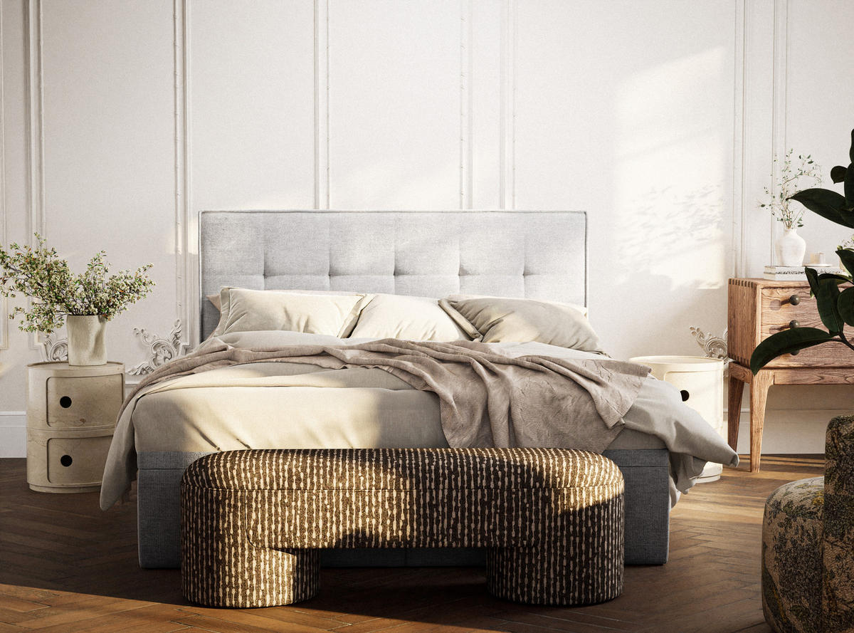 BOXBETT 200/200 cm Comfrey, in Hellbeige, Matratze, gepolstertes Kopfteil, Bettkasten, H3 = fest - Beige/Schwarz, Holz/Holzwerkstoff (200/200cm) - Maison de Reve