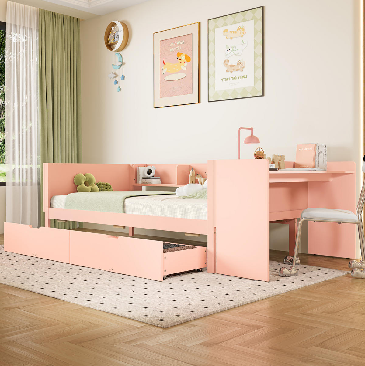 KINDERBETT 90/200 cm mit Schreibtisch, 3 Regalen, 2 Schubladen und Absturzsicherung aus Kiefer/Spanplatte, Rosa/Weiß - Rosa, Holzwerkstoff (90/200cm) - Redom