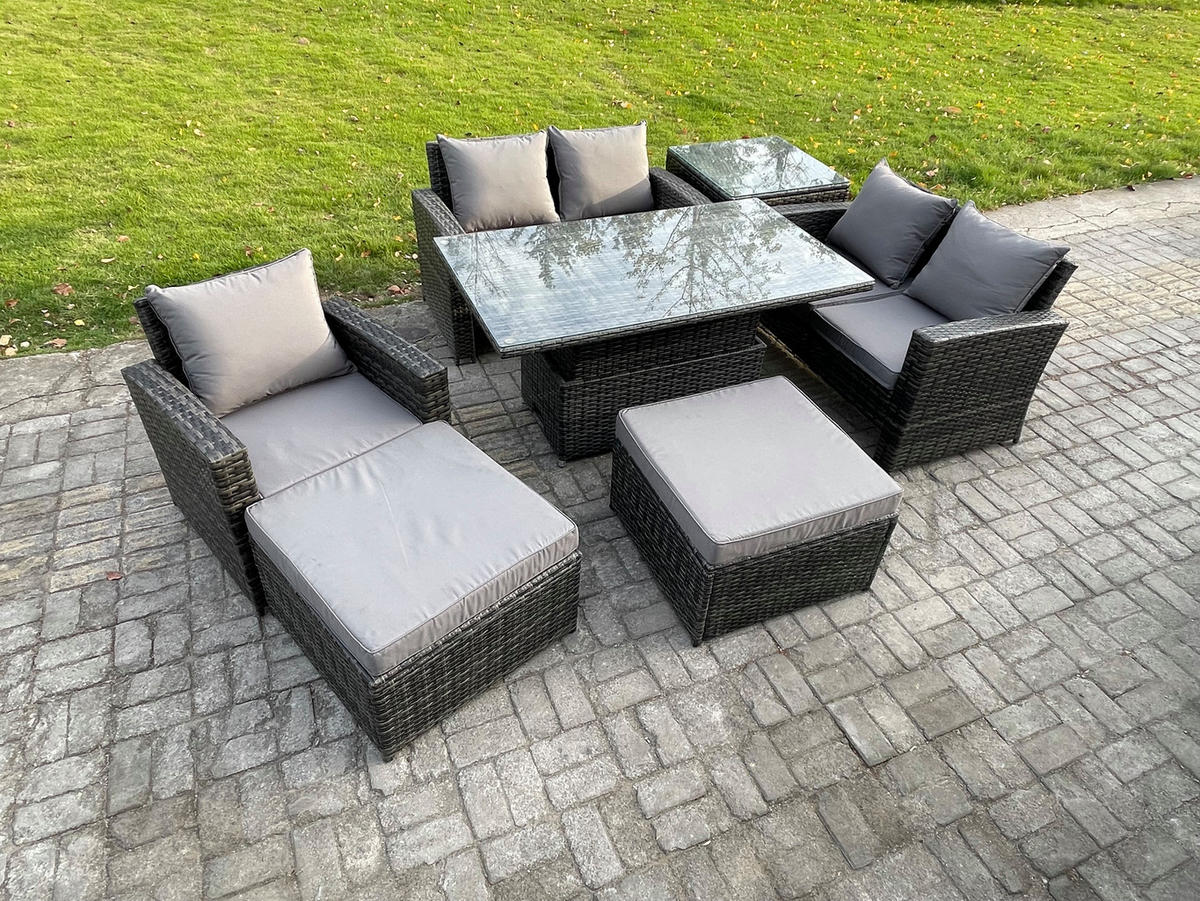 GARTENSOFA Hohe Rückenlehne Polyrattan Dunkelgrau 7-Sitzer - Dunkelgrau, Metall - Fimous