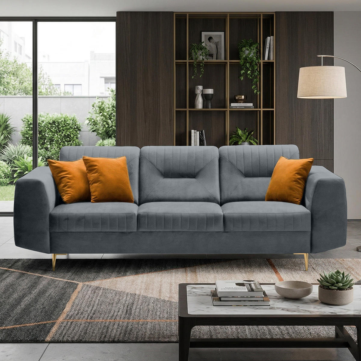 3-SITZER SOFA Venezia dunkelgrau mit goldenen Beinen - Dunkelgrau/Goldfarben, Textil/Metall (233/85/94cm) - Beautysofa