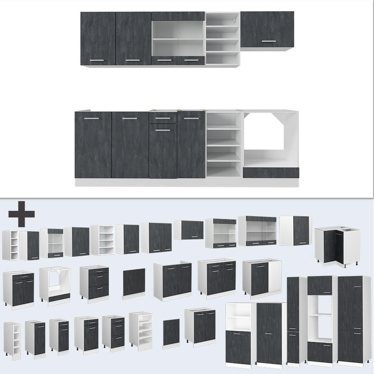 KÜCHENZEILE R-Line Schwarz Beton/Weiß 240 cm AP Marmor - Schwarz/Weiß, Holzwerkstoff (240/81.6/60cm) - Vicco