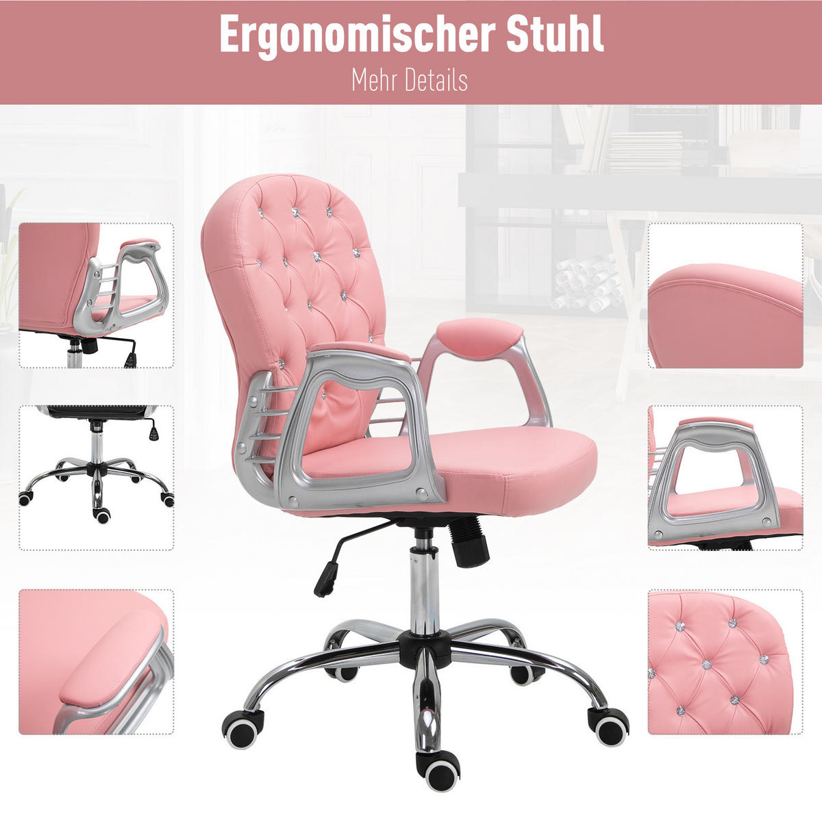 BÜROSTUHL höhenverstellbar 59,5 x 60,5 x 93-103 cm Pink Kunstleder - Pink, Metall (60.5/105/59.5cm) - Meubliv