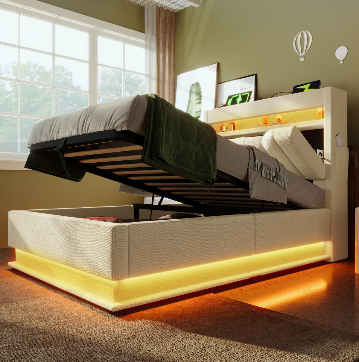 ČALÚNENÁ posteľ 90/200 cm béžová s LED, USB a hydraulickým úložným priestorom z ľanovej tkaniny - béžová, textil (90/200cm) - OKWISH