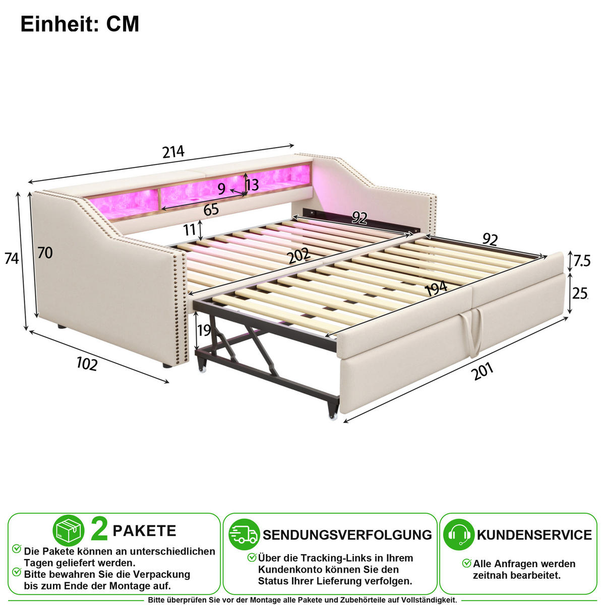 SCHLAFSOFA 90/200 cm & 180/200 cm in Beige mit Ausziehbett, LED und USB - Beige, Holzwerkstoff/Textil (90/200cm) - CHICFURN