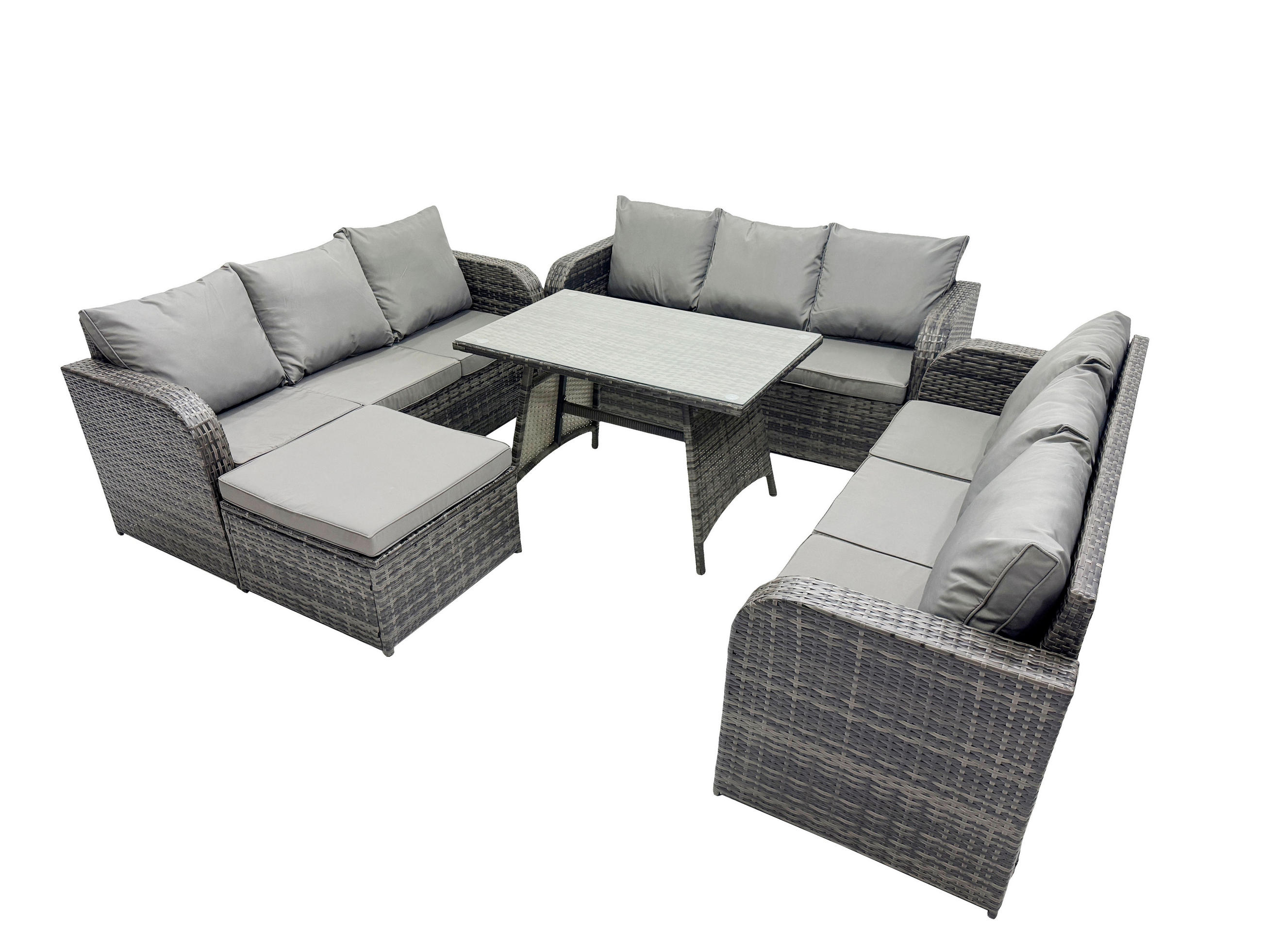 GARTENMÖBELSET mit ESSTISCH, 3-SITZER SOFA Polyrattan 10-Sitzer - Dunkelgrau/Grau, Glas/Kunststoff - Fimous