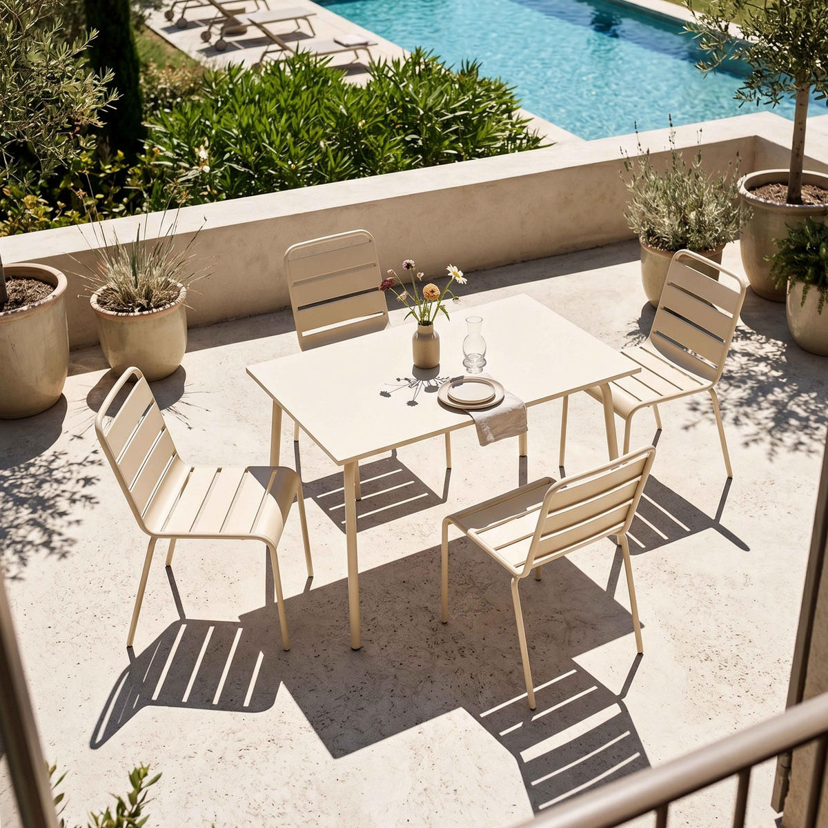 GARTENSET 5-tlg., Elfenbeinfarbe - Beige, Metall - Oviala